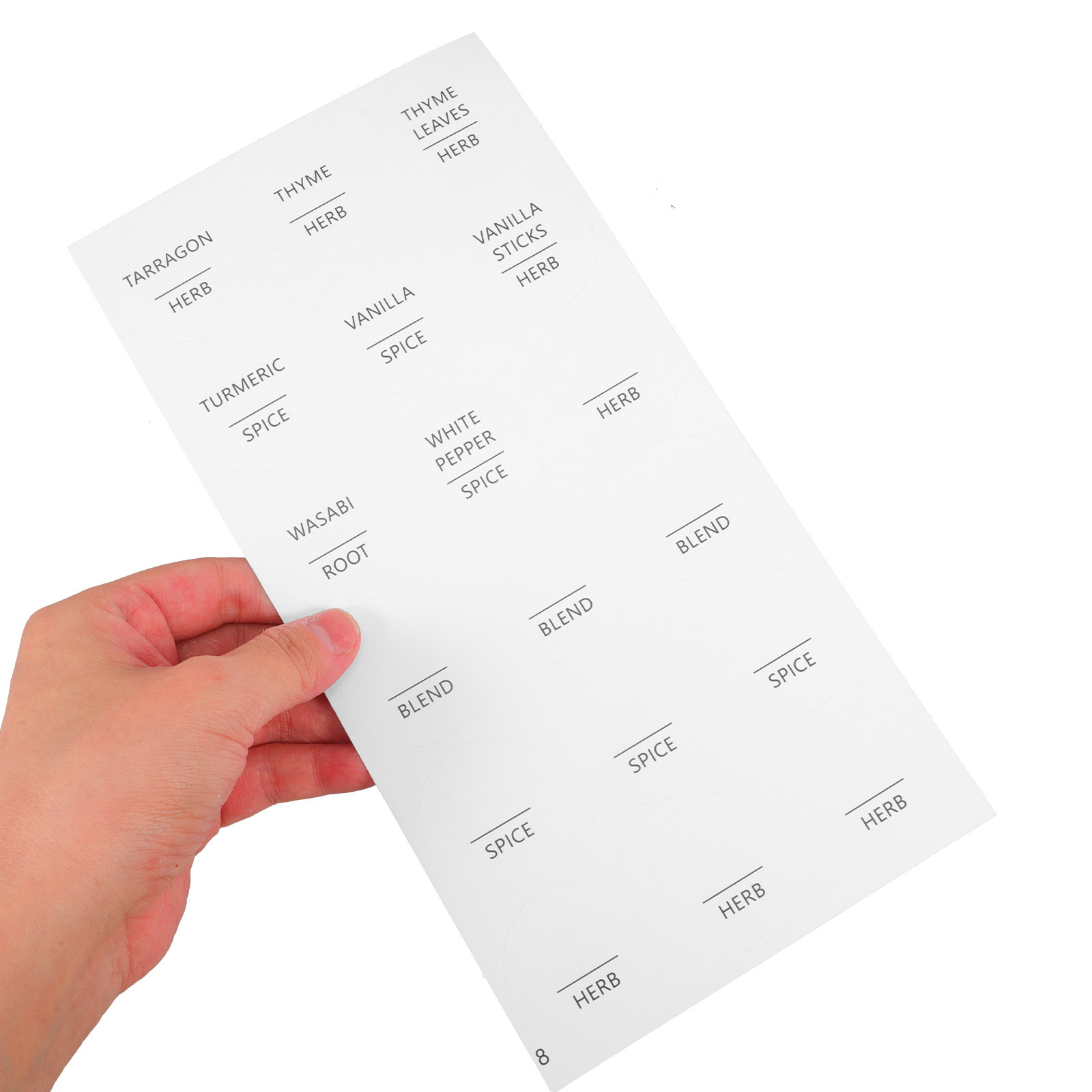 Spice Jar Labels - 8 Fogli di Etichette Rotonde Minimaliste